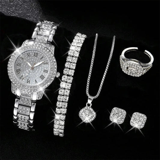 6PCS Women's Elegant Crystal Watch Set – Luxury Alloy Quartz Wristwatches with Rhinestone Bracelet, Perfect Gift for Ladies