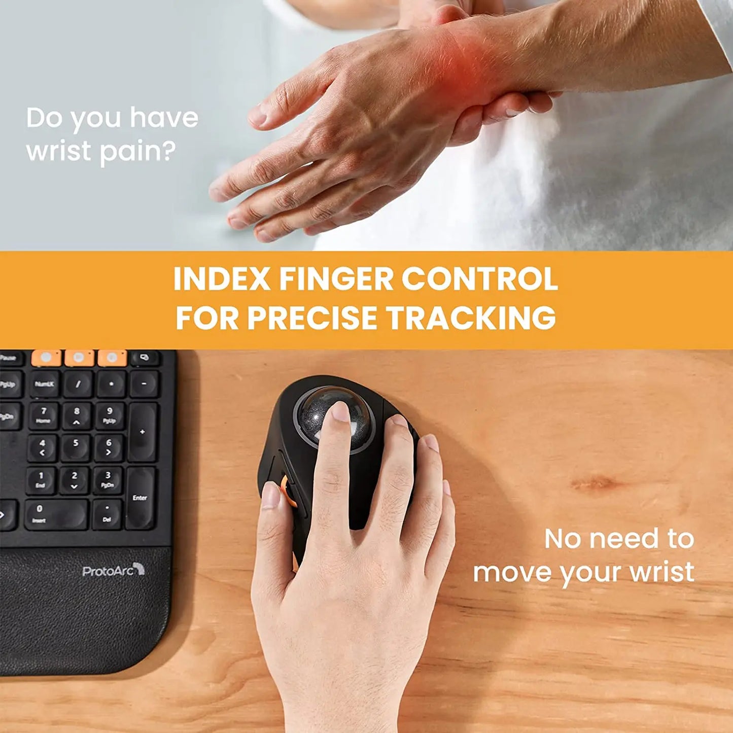 ProtoArc Wireless Index Finger Trackball Mouse - Rechargeable RGB Rollerball, BT 2.4g Mice for Computer Laptop with 3 Device Connection