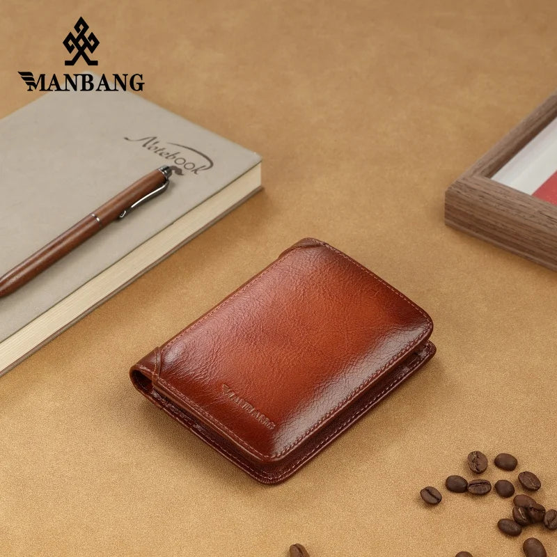Manbang Genuine Leather Men’s RFID Blocking Trifold Wallet – High Quality Card Holder with ID Window Slim Business Wallet for Men