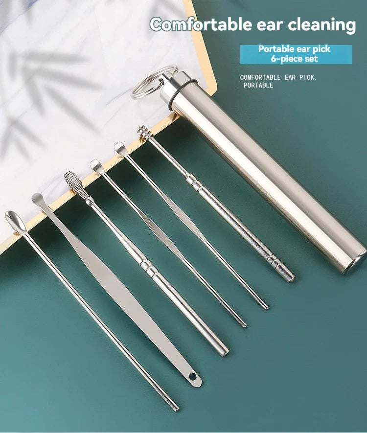 6pcs Stainless Steel Ear Wax Removal Tool Set – Spiral Rotating Ear Picker Spoon for Cleaning & Collecting Ear Wax
