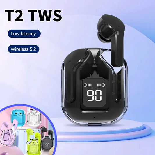 T2 Wireless Bluetooth Earphones - Transparent HiFi Stereo Headphones with LED Power Display