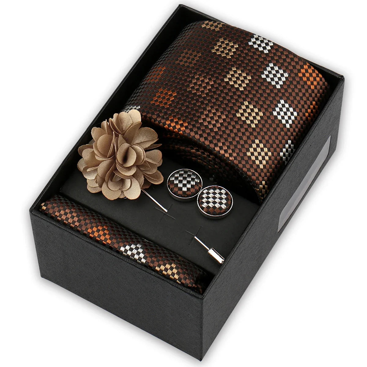 Men’s 4-Piece Tie Set Gift Box - Elegant Necktie with Handkerchief, Cufflinks & Brooch for Business, Wedding & Suit Accessories