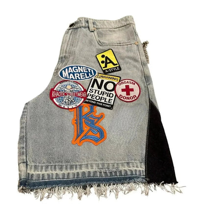 Unisex Y2K Rock Hip Hop Patchwork Denim Shorts – Retro Cartoon Pattern Baggy Casual Basketball Fitness Shorts