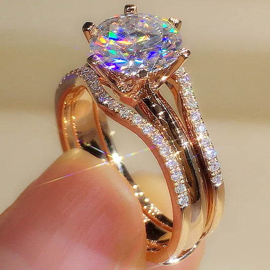 Huitan Rose Gold Cubic Zirconia Ring - Classic 6 Claw Solitaire Engagement Wedding Band Jewelry for Women