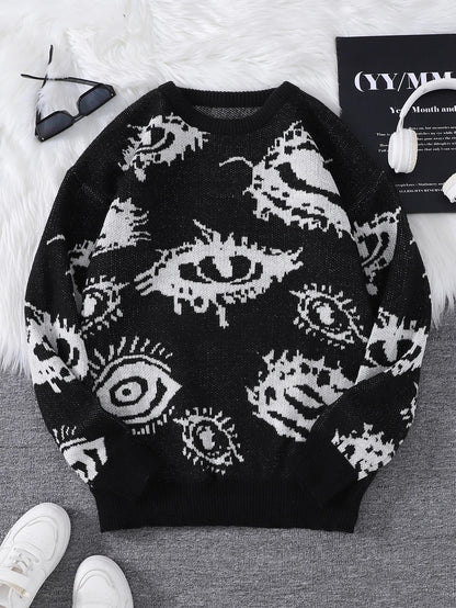 Men's Abstract Eye Jacquard Sweater - Round Neck Knitted Autumn Winter Casual Pullover Top