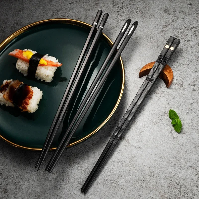 5 Pairs Japanese Reusable Chopsticks – Black Sushi Sticks for Food, Noodles, Alloy Chinese & Korean Kitchen Tableware