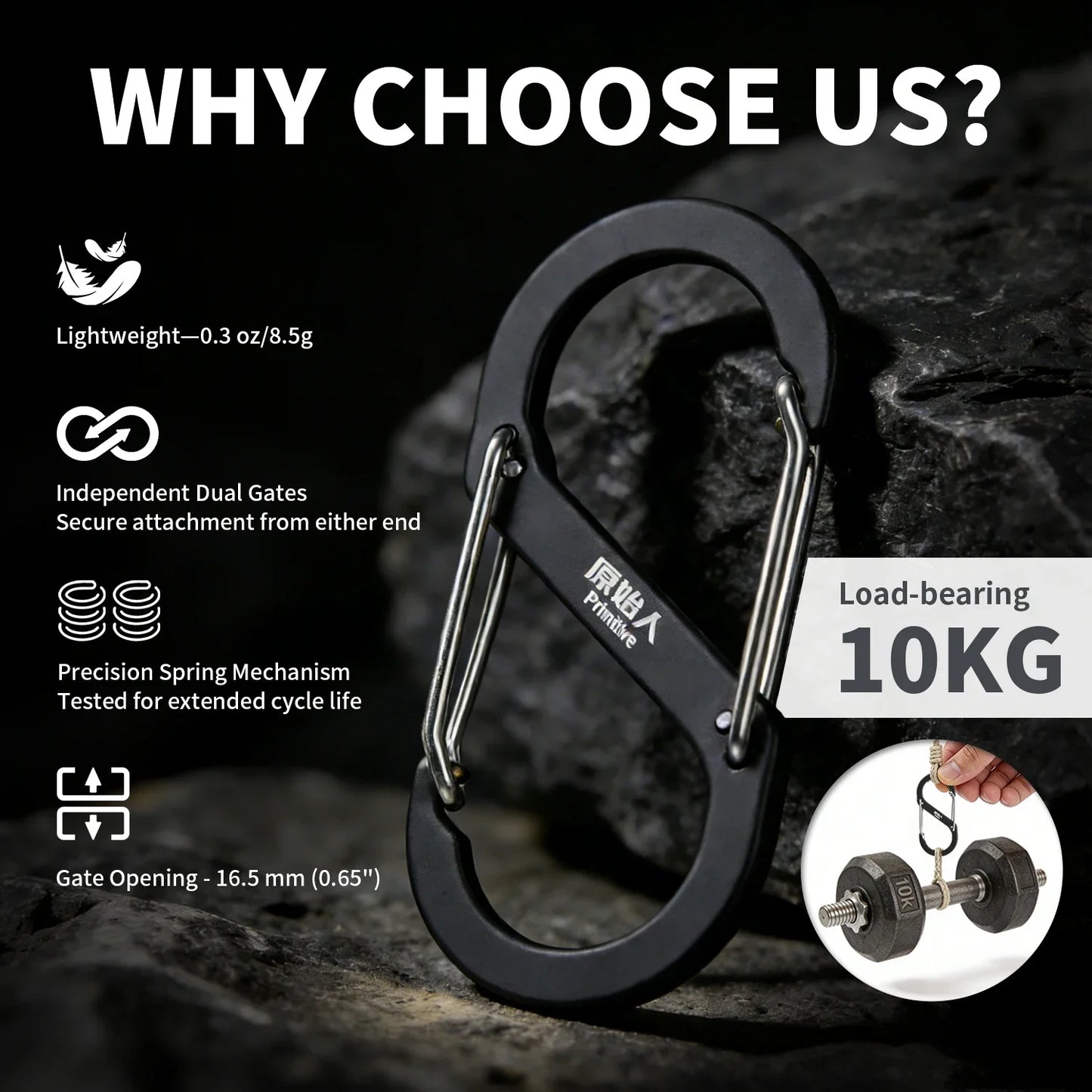 PRIMITIVE Aluminum Alloy Carabiner - Heavy Duty Dual Lock S-Biner Keychain Hook