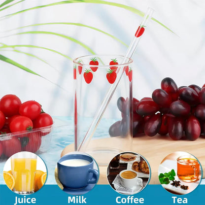 16oz Glass Juice Cup with Straw – Berry Pattern Reusable Coffee & Milk Cup, Easy Clean Drinkware for Hot & Cold Beverages (1/2PCS)