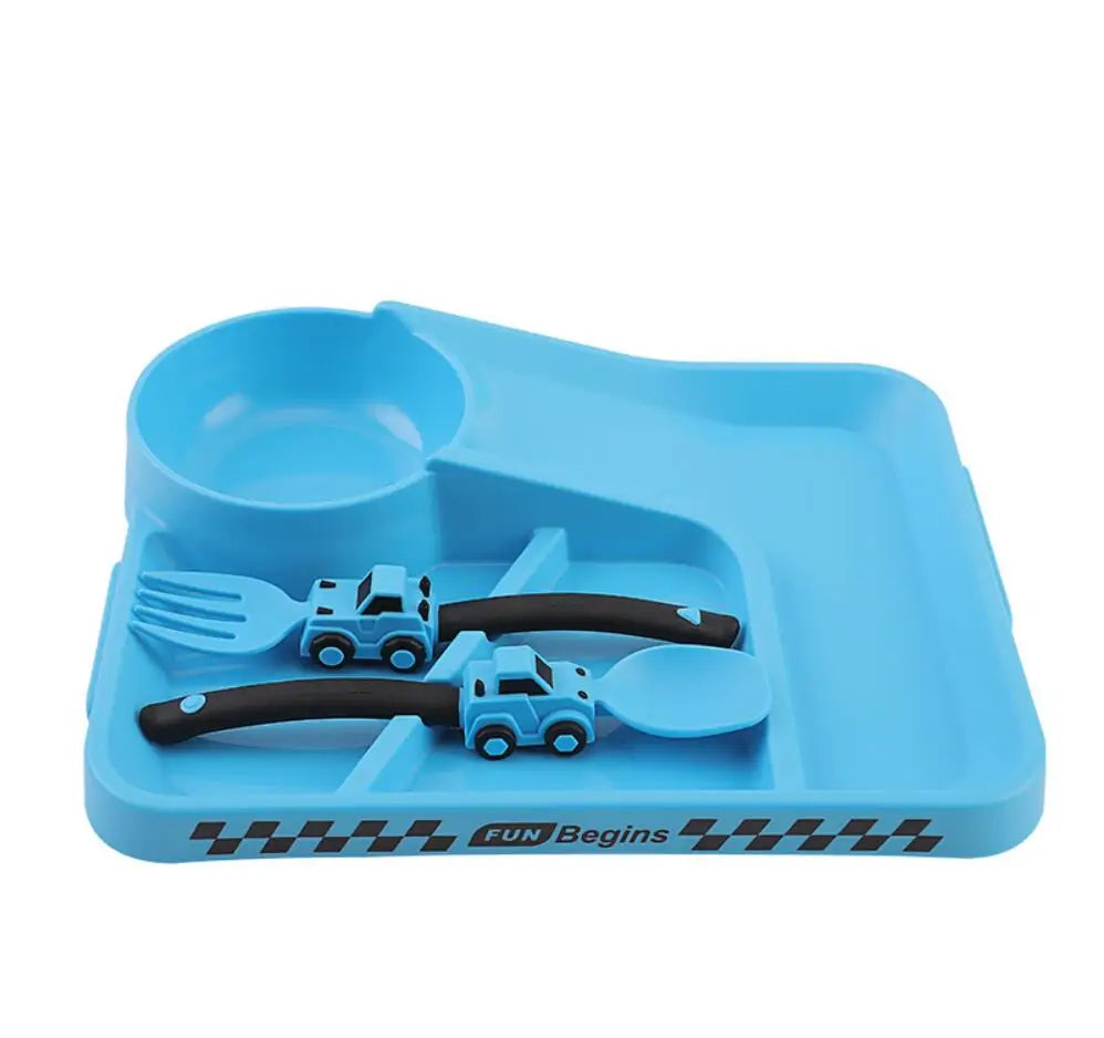 Kids Cartoon Racing Dinner Set - Baby Self Feeding Fork Spoon Plate & Divided Non-Slip Bowl Set