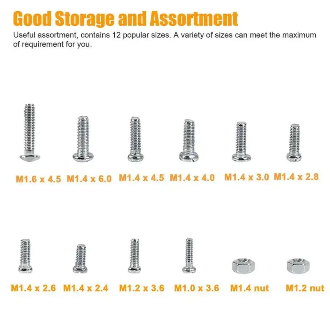 12-Size Mini Screw & Nut Assortment Kit - M1 to M1.6 Watch, Eyeglass Frame & Precision Repair Set