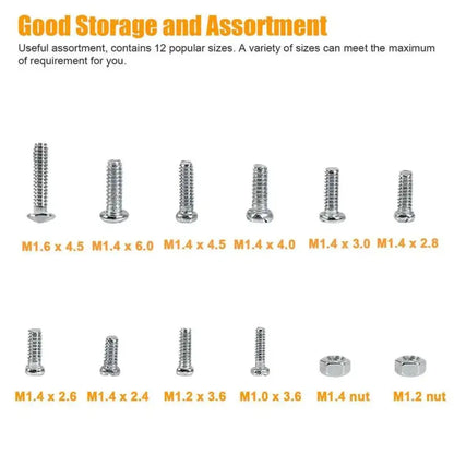 12-Size Mini Screw & Nut Assortment Kit - M1 to M1.6 Watch, Eyeglass Frame & Precision Repair Set