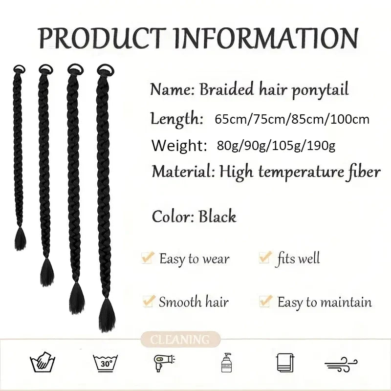 Women’s Long Box Braid Ponytail Extension - Synthetic Straight Braided Hairpiece with Clip-In Elastic Band for Daily Style