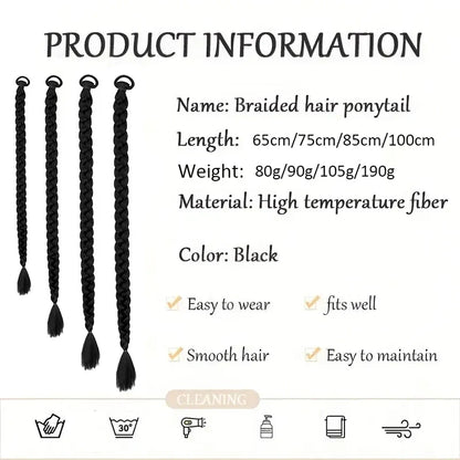 Women’s Long Box Braid Ponytail Extension - Synthetic Straight Braided Hairpiece with Clip-In Elastic Band for Daily Style