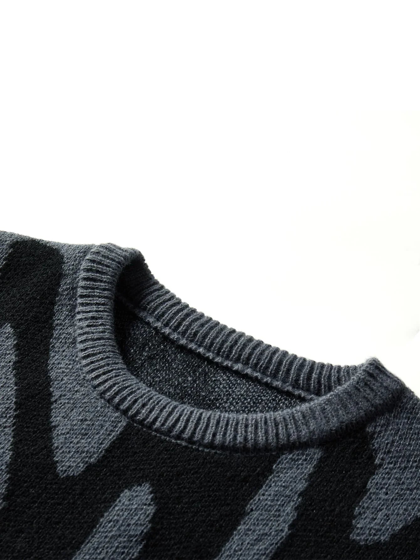 Men's Autumn Winter Jacquard Sweater - Irregular Pattern Contrast Color Round Neck Knitted Casual Pullover