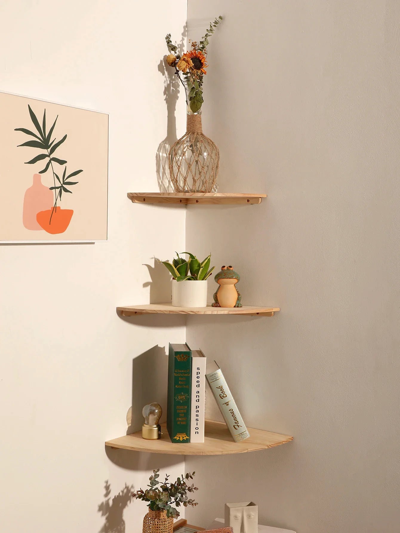 Wooden Floating Corner Wall Shelf – Round End, Wall-Mounted for Bedroom, Living Room & Kitchen