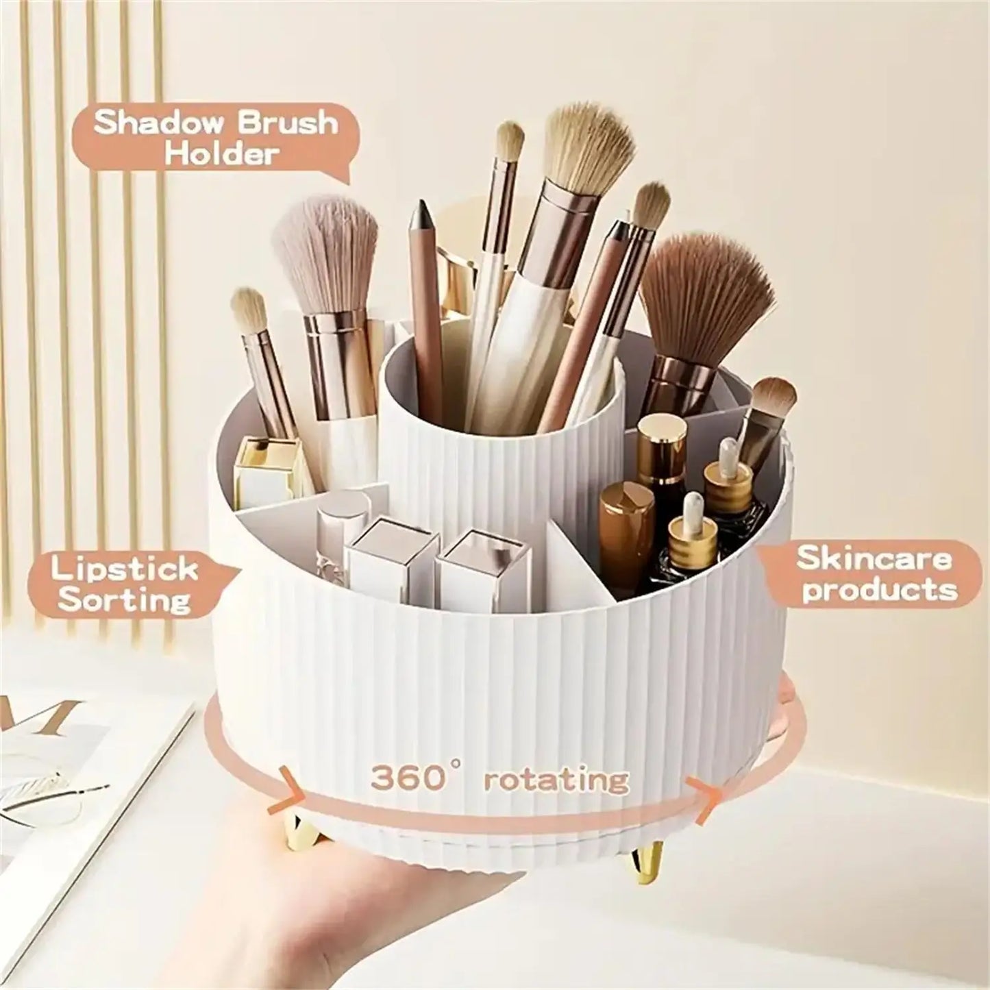 360° Rotating Makeup Organizer - 5 Compartment Plastic Cosmetic Holder for Brushes & Beauty Storage