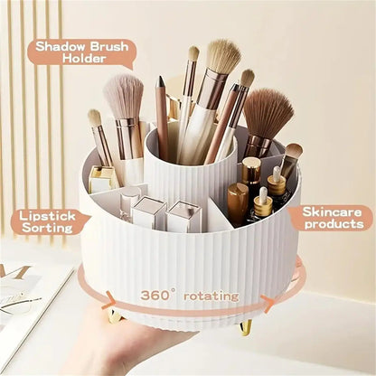 360° Rotating Makeup Organizer - 5 Compartment Plastic Cosmetic Holder for Brushes & Beauty Storage