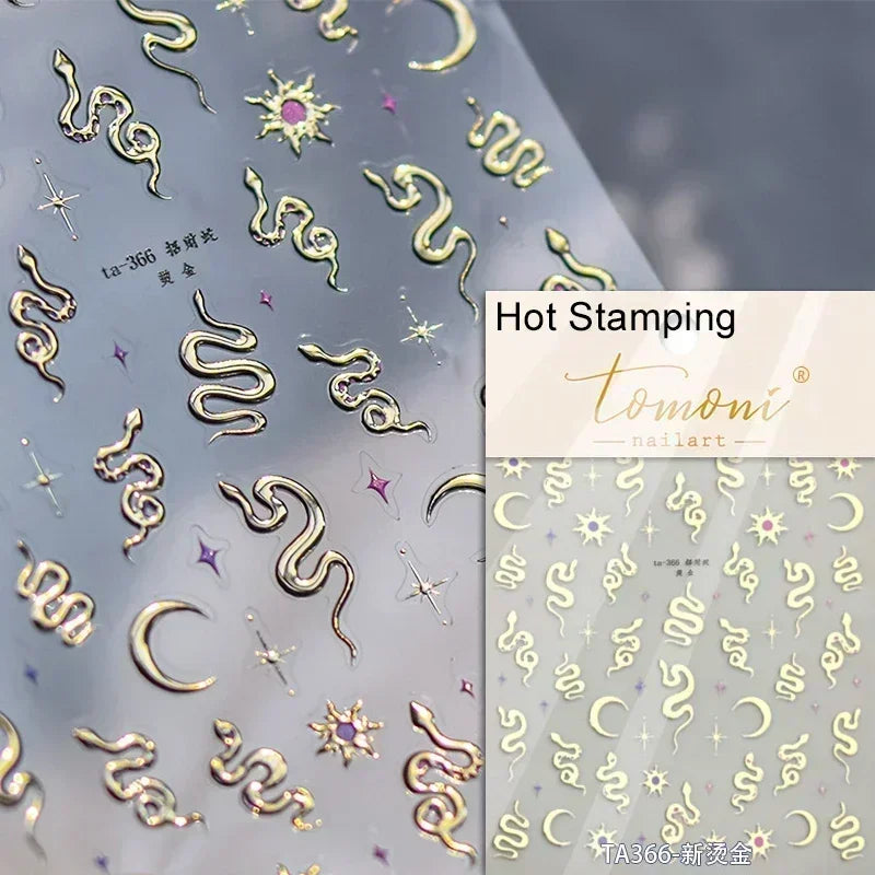 5D Gold Stamped Nail Art Stickers - Silver Sun Stars Snake Chinese Style Self-Adhesive Manicure Decals