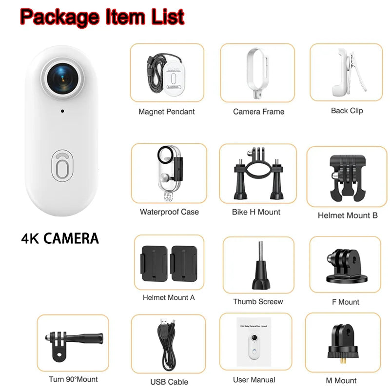 4K Bodycam Action Camera — Mini Full HD Sports Bike & Motorcycle Helmet/Handlebar Camera with WiFi and Long-Lasting Battery
