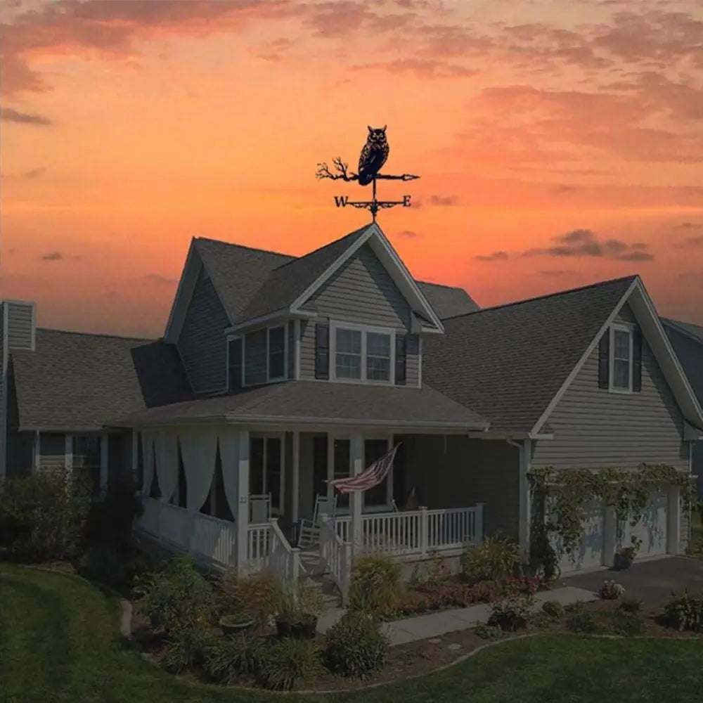 Owl Weather Vane - Black Metal Roof & Garden Wind Direction Decor