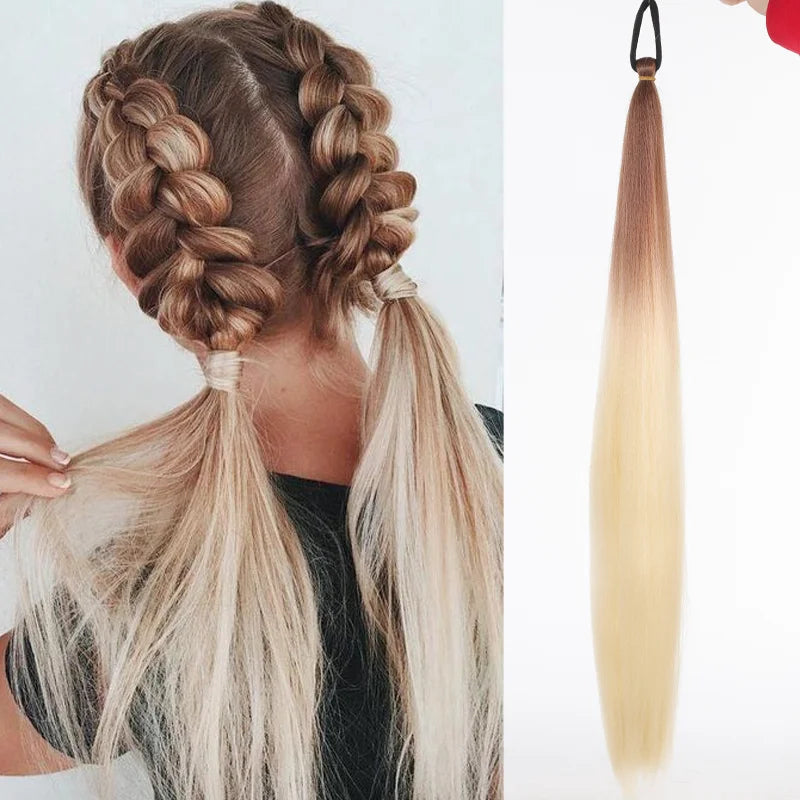26" Synthetic Ponytail Extension - Long Straight Ombre Pink Purple Blue Hair with Elastic Tie