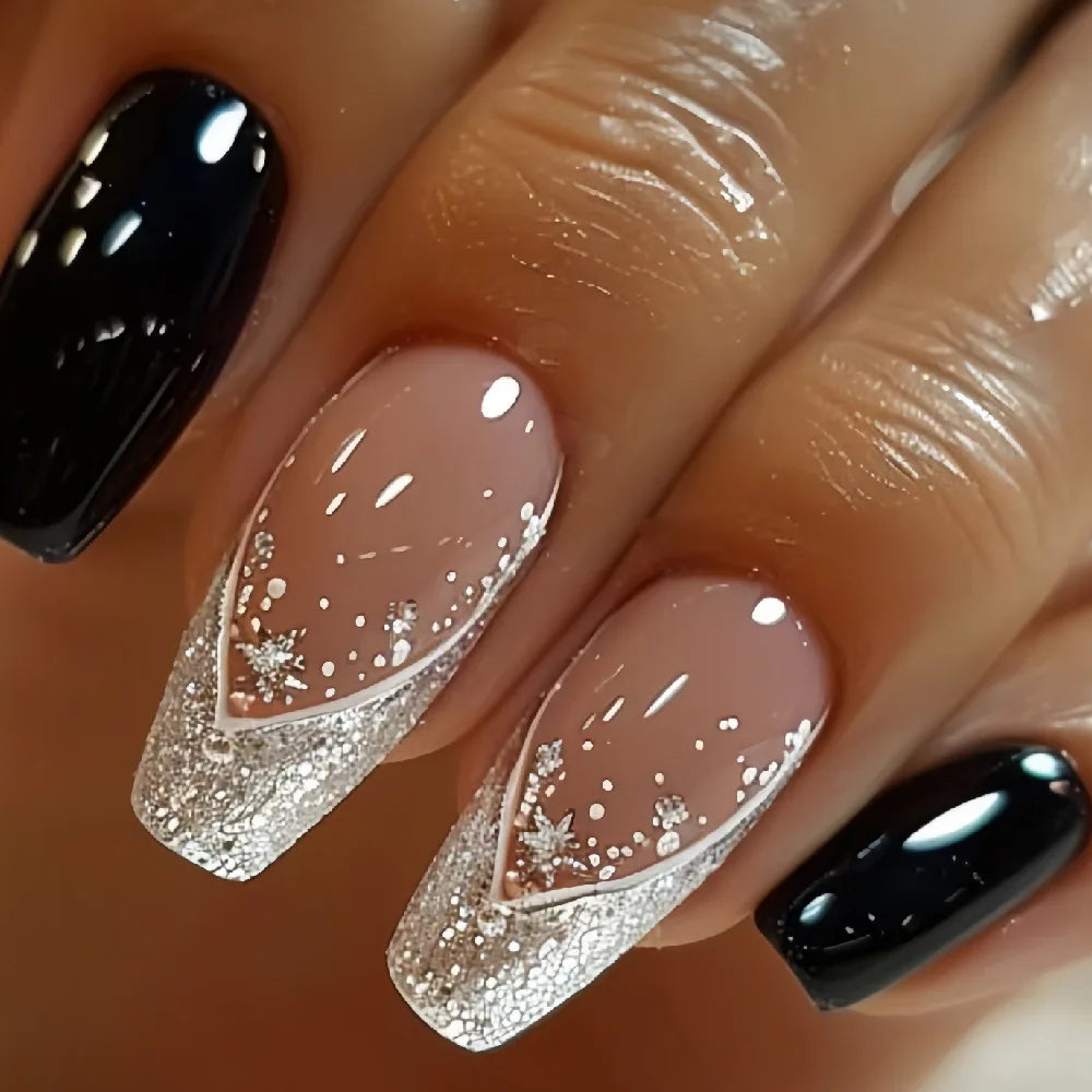 24PCS Short Press On Nails - Shimmer Ballet French Full Cover Artificial Nail Tips for Daily Manicure Style