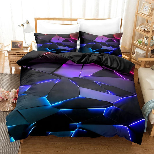 Colorful Glowing Polygon Grid Bedding Set - Duvet Cover with Pillowcases for Twin, Queen & King Sizes