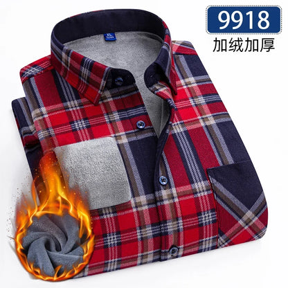 Men’s Fleece Plaid Shirt - Warm Thick Long Sleeve Business Check Shirt with Single Pocket for Autumn & Winter