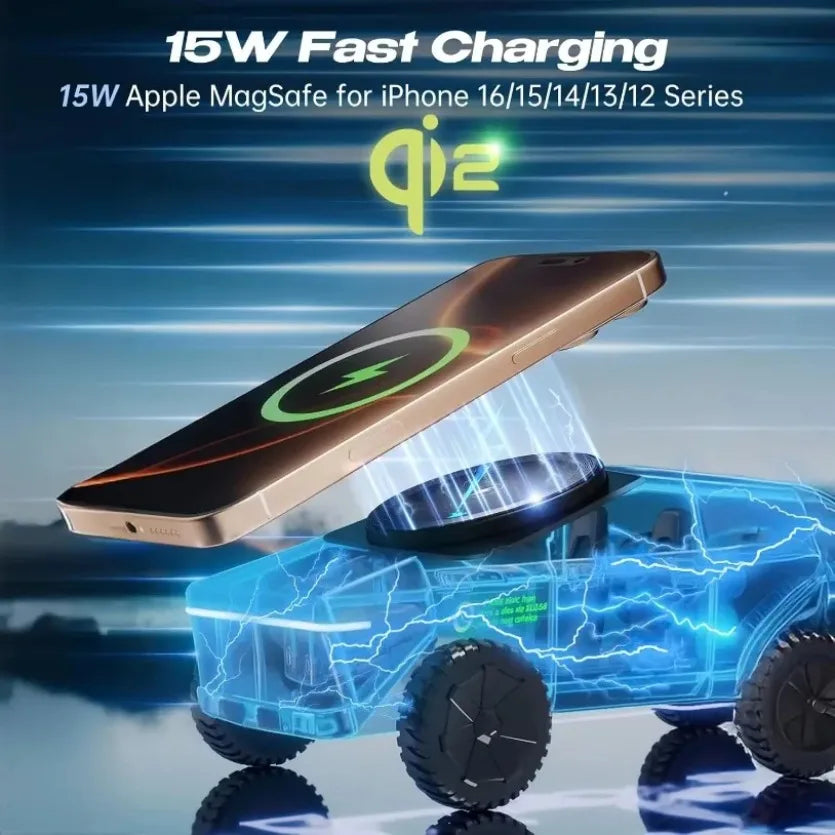 3-in-1 Magnetic Wireless Charger Stand - Cybertruck Desktop Phone Holder for iPhone 17-12 Pro Max Apple Watch & AirPods Pro