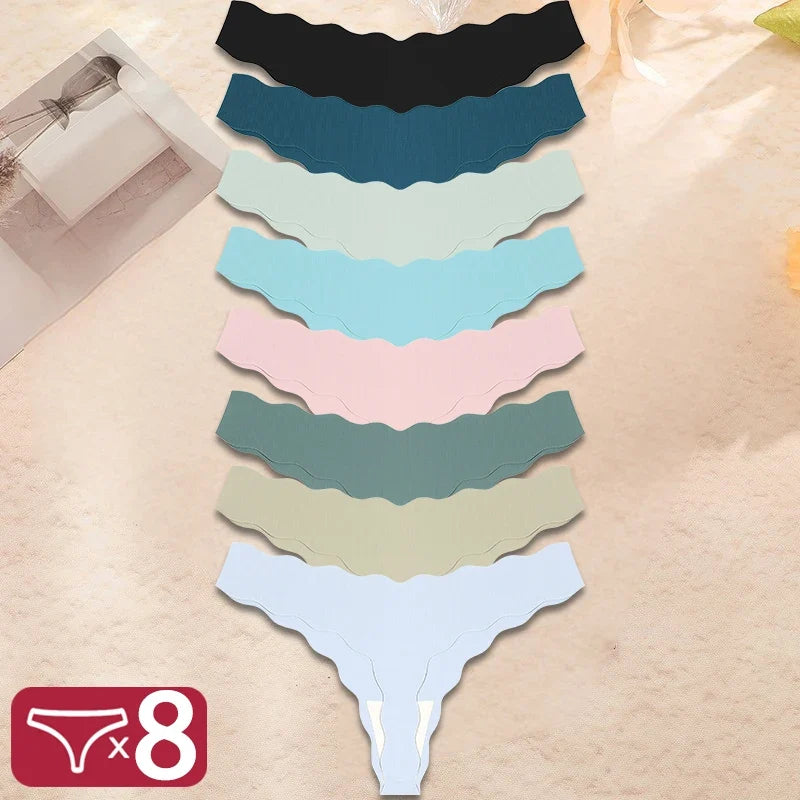 8Pcs Women’s Seamless G-String Panties - Ice Silk Elastic Thong Underwear Set for Comfort & Everyday Wear
