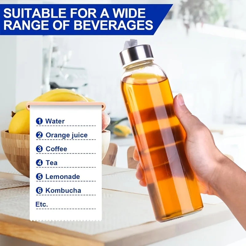 Glass Sports Water Bottle - 500/750/1000ML Juice & Coffee Bottle with Carry Strap and Cleaning Brush