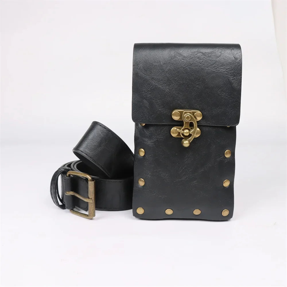 4PCS Medieval Cosplay Leather Belt Set – Copper Coin Waist Bag, Renaissance & Steam Role Playing Halloween Costume Accessories