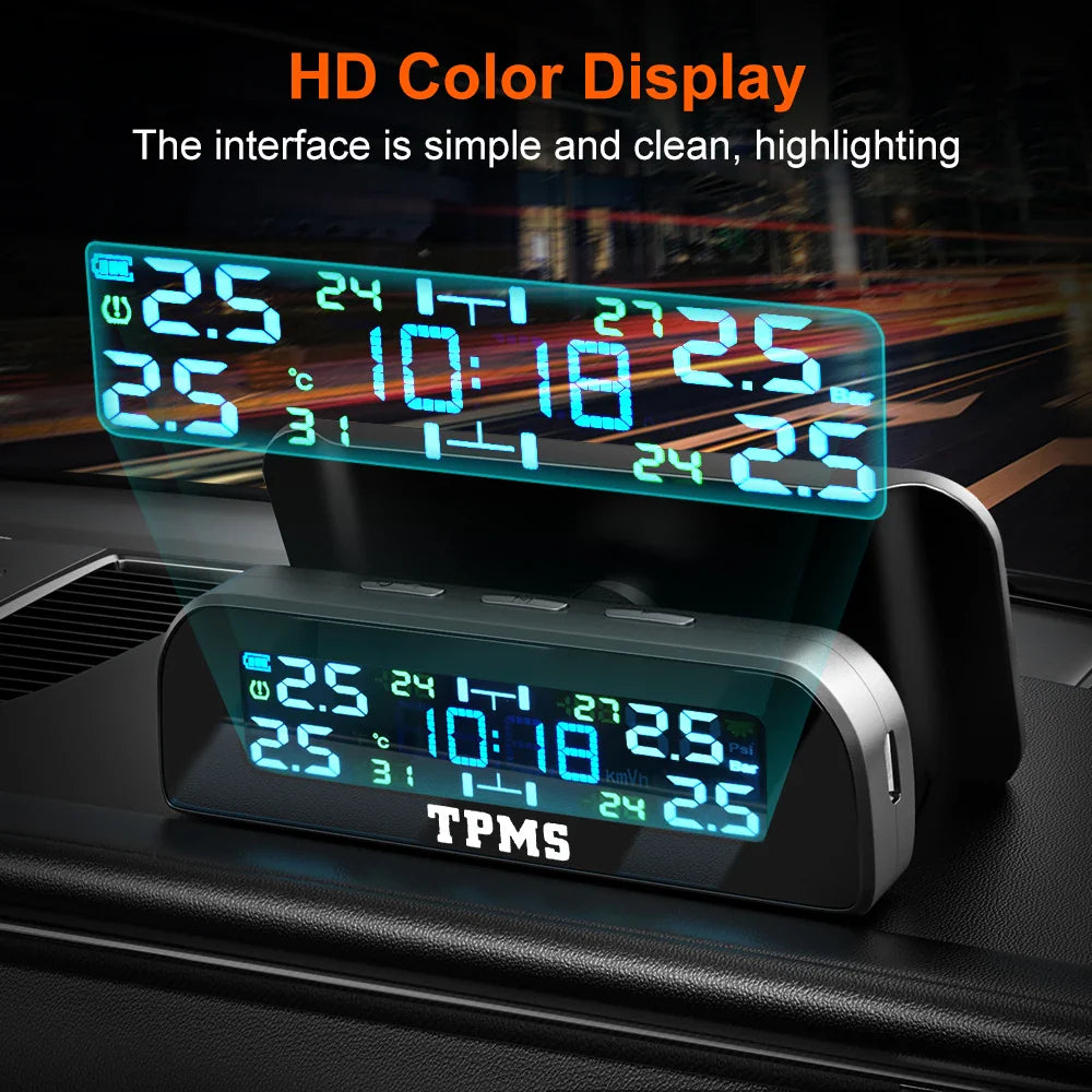 Solar Car TPMS Tire Pressure Monitoring System – 4 External Sensors with Temperature Alarm for Tyre Safety