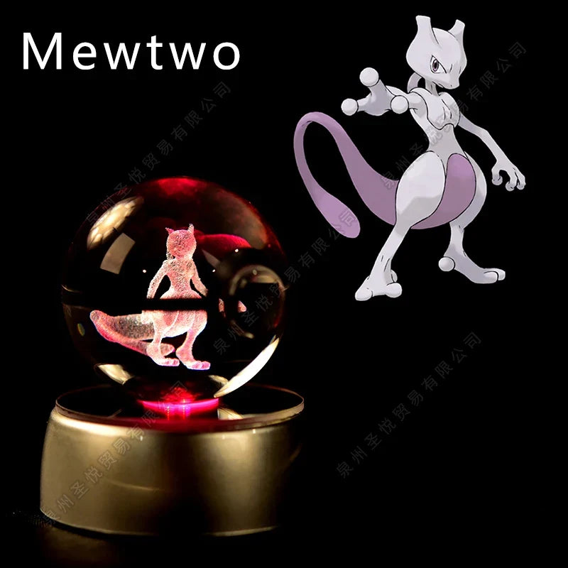 Pokémon Crystal Ball Night Light - 3D Pikachu Gengar Mewtwo Glass Lamp Statue Kids Birthday Gift