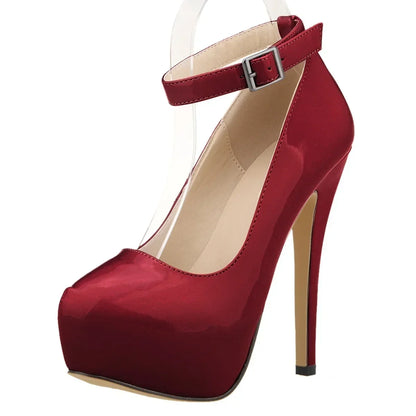 Women’s Patent Leather Stiletto Pumps – 14cm High Heels with Buckle Ankle Strap, Sexy Wedding & Fashion Shoes, Size 44
