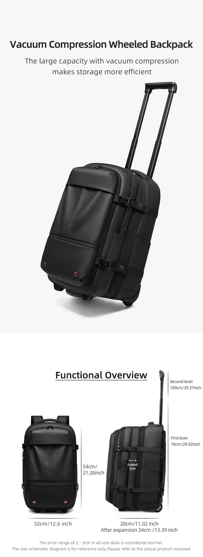 Travel Trolley Vacuum Compression Backpack — Wheeled Rolling Luggage Bag for Men, Boardable Business Travel