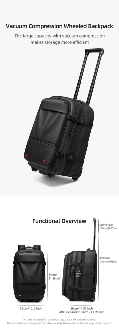 Travel Trolley Vacuum Compression Backpack — Wheeled Rolling Luggage Bag for Men, Boardable Business Travel