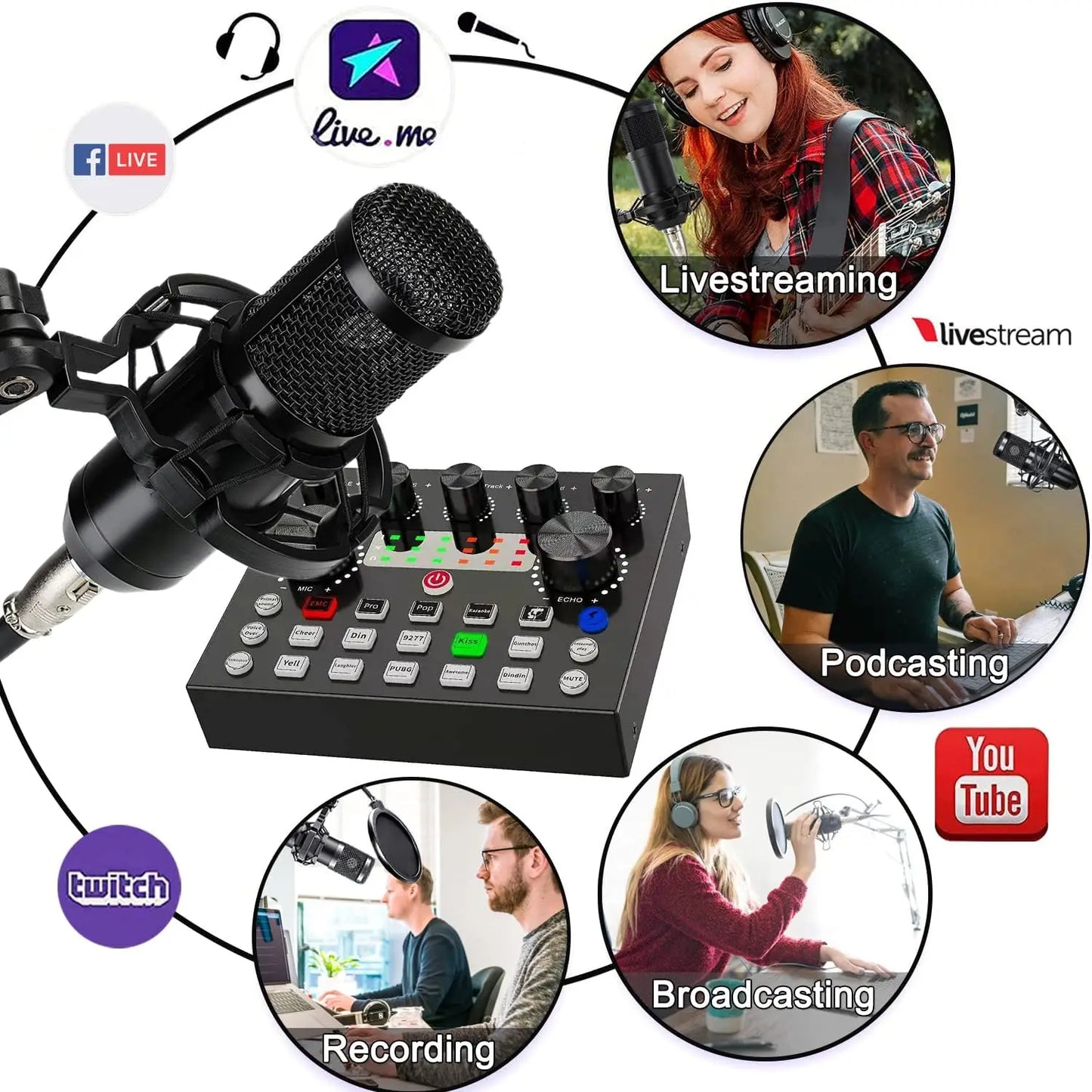 V8S Live Sound Card Podcast Kit - DJ Broadcast Audio Mixer with BM800 Microphone for Music Recording & Live Streaming