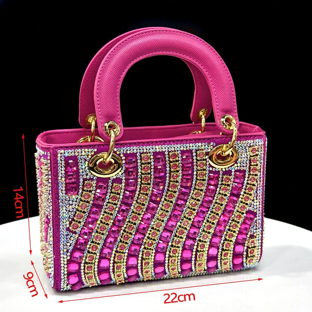 Women’s Fuchsia Rhinestone Shoe & Bag Set - Shiny Italian Style Pointed Toe High Heel Fashion Accessories