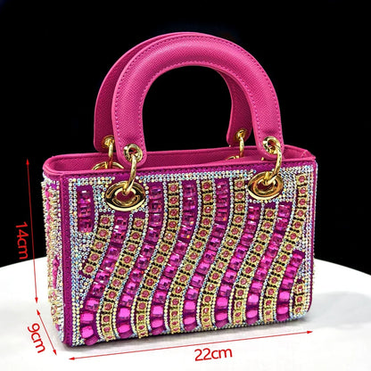 Women’s Fuchsia Rhinestone Shoe & Bag Set - Shiny Italian Style Pointed Toe High Heel Fashion Accessories