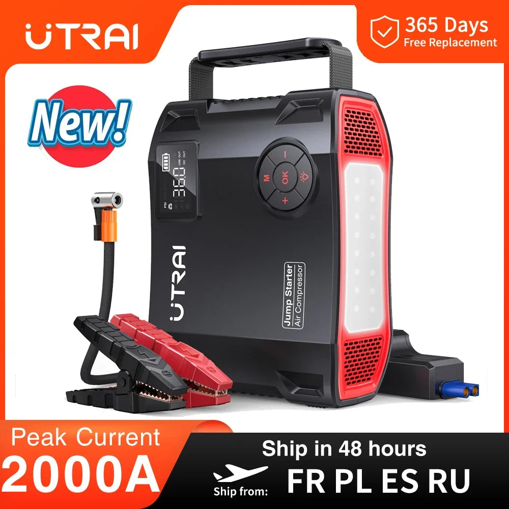 UTRAI 4-in-1 Car Jump Starter Power Bank - 2000A Battery Booster with 16000mAh Capacity, 150PSI Air Compressor Tire Inflator & Portable Charger