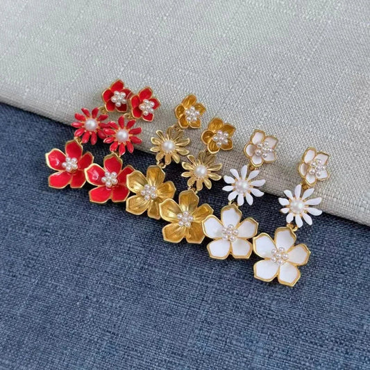 Vintage Plum Blossom Enamel Earrings - Hand-Painted Pearl Drop Stud Jewelry for Women