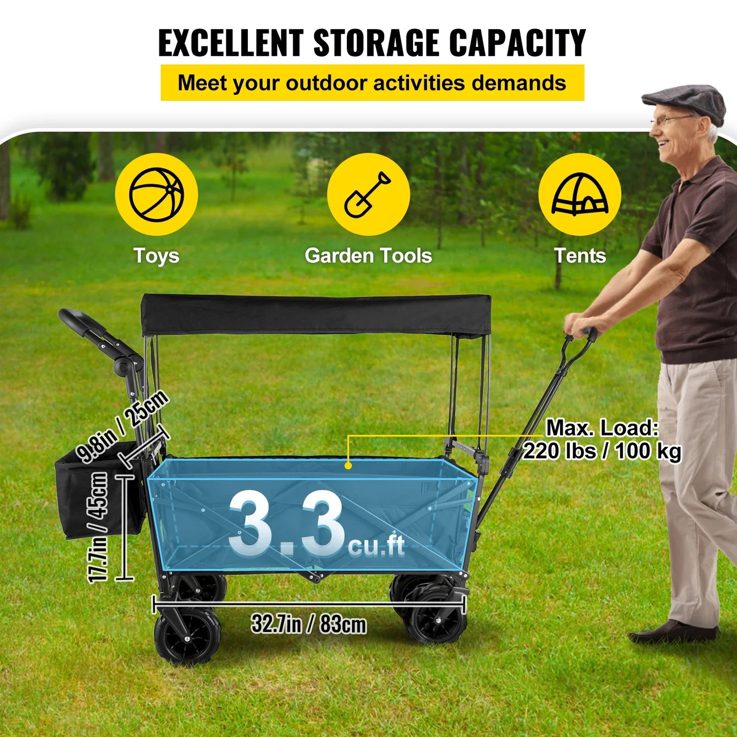 VEVOR Folding Wagon Cart with Adjustable Handle & Removable Canopy – Collapsible Oxford Cloth Utility Cart for Camping, Beach & Outdoor Use