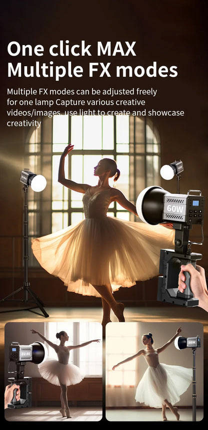 60W COB Video Light - CRI≥90, TLCI≥97, Dual Color Temperature 2700K-6500K, Portable Mini Bowens Live Lighting