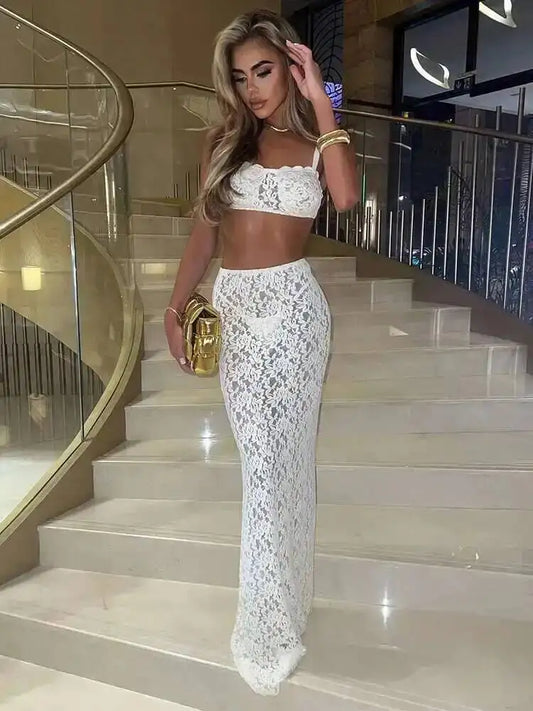 Avrilyaan Women’s 2-Piece Lace Set – Strapless Crop Top & Midi Skirt, Sexy Party Outfit Summer 2024 Fashion Elegant Clubwear Set