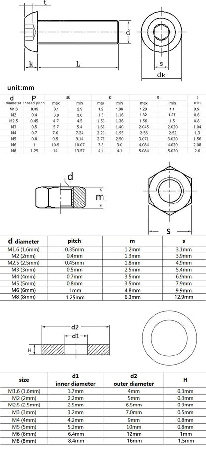 M1.6-M8 Black Grade 10.9 Steel Allen Hexagon Screw Bolt Nut Washer Kit – Round Head Set Box