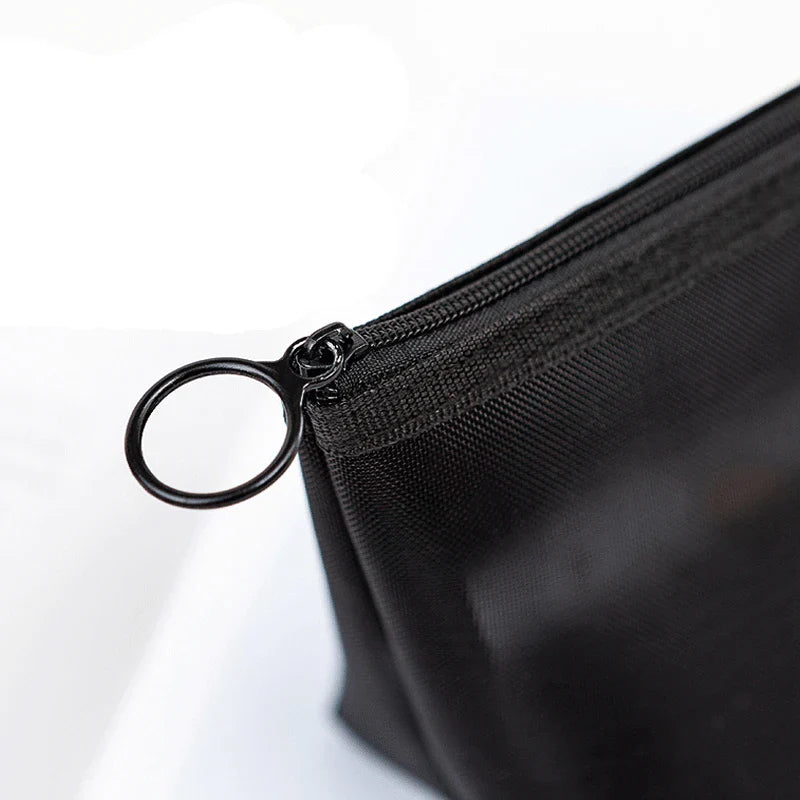Transparent Mesh Zipper Cosmetic Bag – Fashionable Black Toiletry Organizer, Small & Large Makeup Pouch for Women