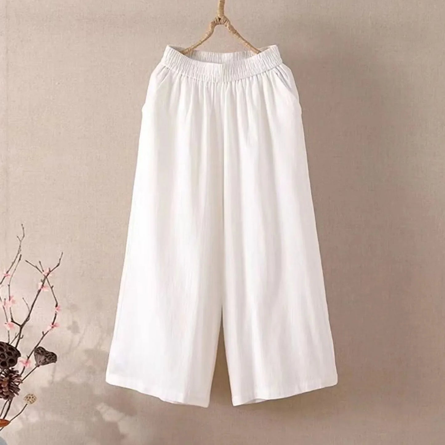 Women’s Casual Wide-Leg Pants – Lazy Style High-Waist Cropped Capris with Pockets, Lightweight & Loose Fit
