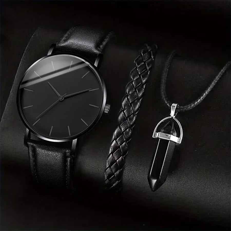 Men’s 3PCS Watch Set – Quartz Analog Business Watch with Leather Band, Necklace & Bracelet Gift Set