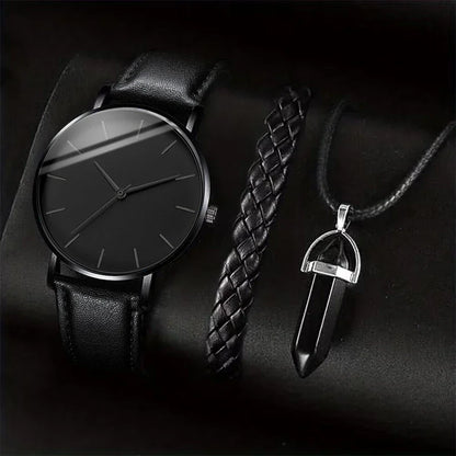 Men’s 3PCS Watch Set – Quartz Analog Business Watch with Leather Band, Necklace & Bracelet Gift Set
